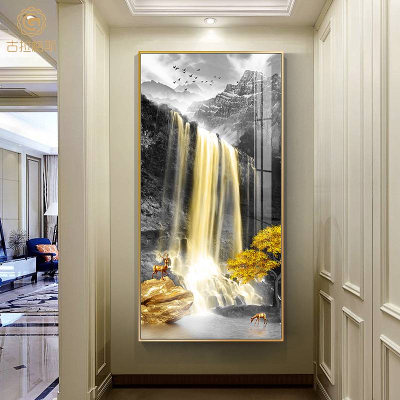 玄关装饰画现代简约走廊竖版轻奢挂画大气福鹿壁画进门过道山水画图片
