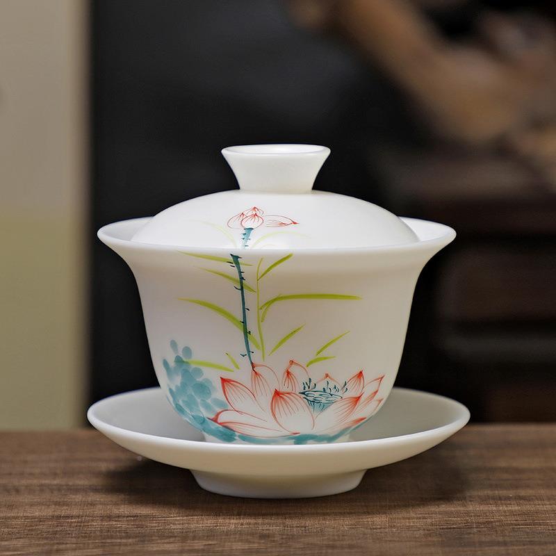 无品牌/新款素烧羊玉手绘高档才三盖碗单个泡茶茶脂碗陶瓷茶具防