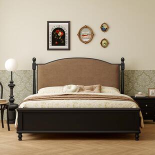 法黑色柏林复古床双巴人床卧1.8m美式实木主床软包黑色式黎床现代