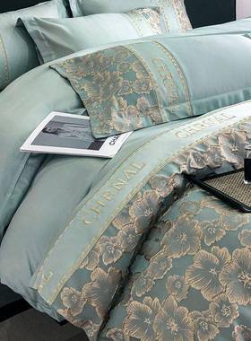 轻风婚水洗庆单冰丝四件套被奢套刺绣ABZ红色三件套结婚床床笠款