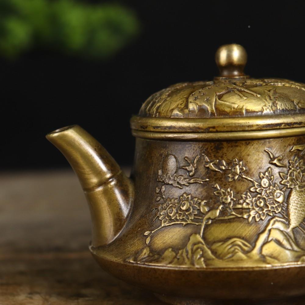铜壶收藏孔攀影枝摆茶XTL壶摆件铜壶居雀家文玩客厅装饰复古视拍