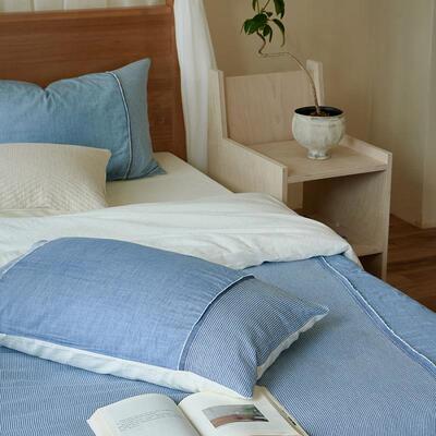 简旧约日式全四棉牛仔条拼色做感四件套床上用纹品zihe被套床单季