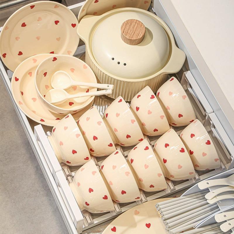 WTQ盘奶油风碗碟套装用轻爱心纹碗碗具家2025新款奢碗筷餐具结婚