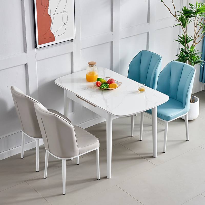 9U奶油风可伸缩岩板餐桌小户型家用白色轻奢现代简约折叠餐桌椅组