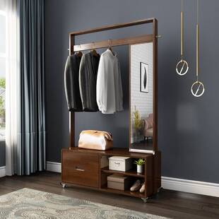 实木衣帽架卧室带柜子加粗加厚挂衣架带镜子一体收纳镜柜旋转