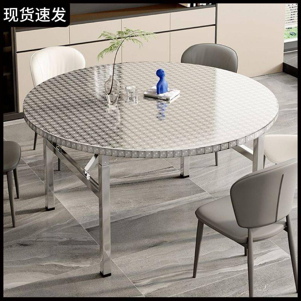 特厚不锈家钢折叠桌餐圆桌无品牌/转盘饭大排档流水席摆摊用吃饭