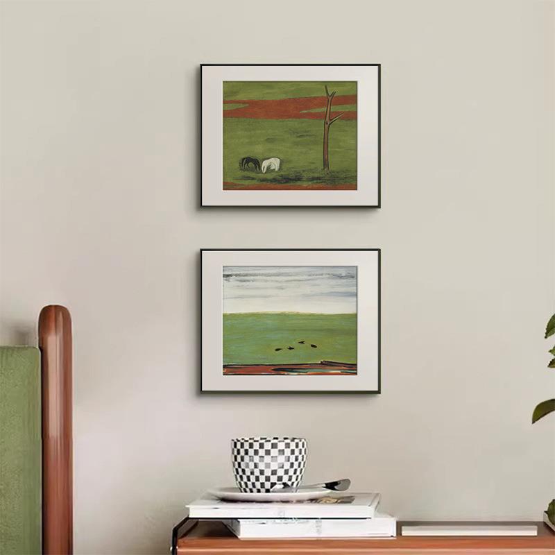 QB202411常玉中古风客厅装饰画植花物卉餐厅边柜餐摆枯树双马画绿