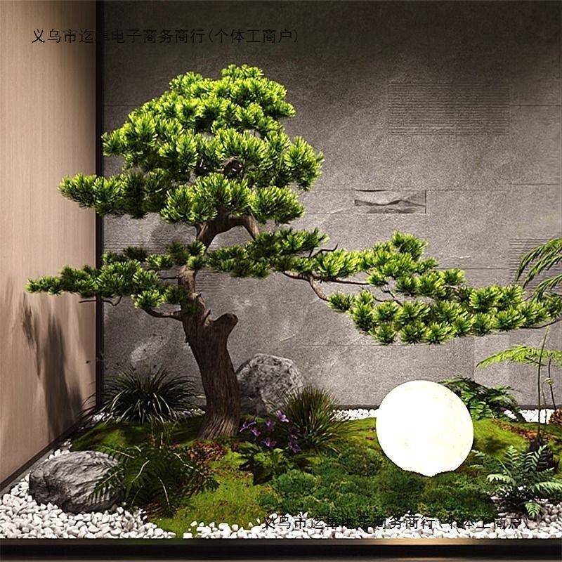 仿真迎客松造景大型假树植物室内玄关楼梯下中式装饰松树绿植景观