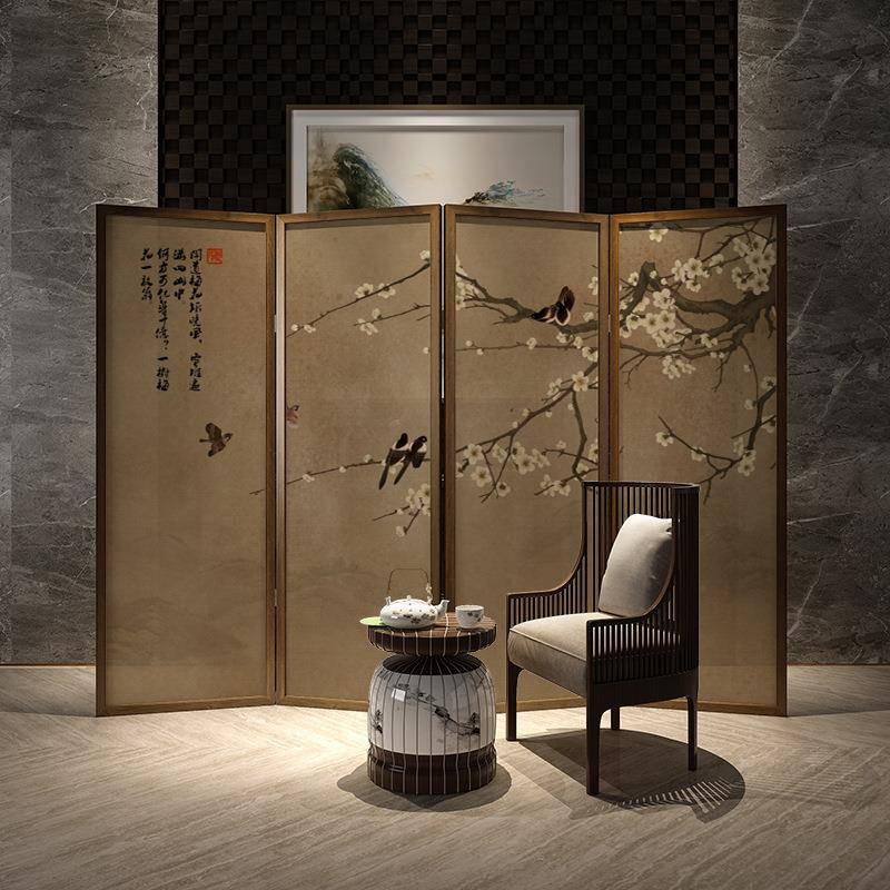 新中式花鸟屏风隔断客厅房间移动折叠玄关实木入户门卧室移动折屏