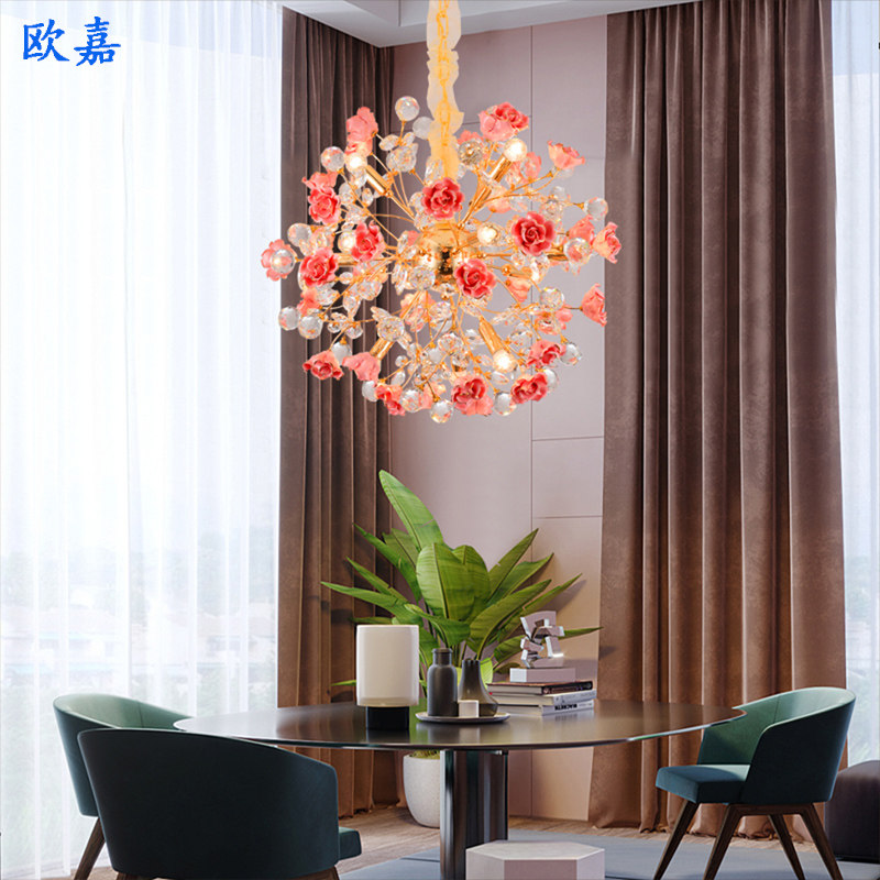 欧式轻奢餐厅复式楼楼梯餐桌展厅样板房圆形金色陶瓷花朵水晶吊灯
