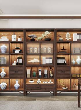 新室中式实木博古架ZG-81910多阁推拉玻璃门书宝架办室书柜落地茶