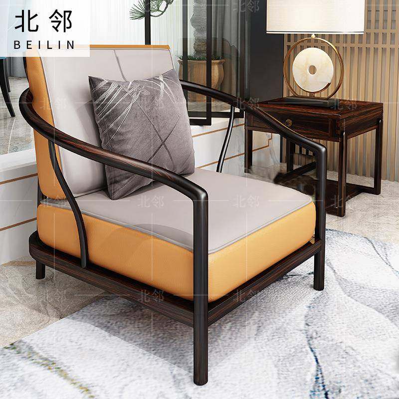 新中式全实休IRK闲椅客木厅卧室围靠椅代皮沙发轻现奢实木单人椅