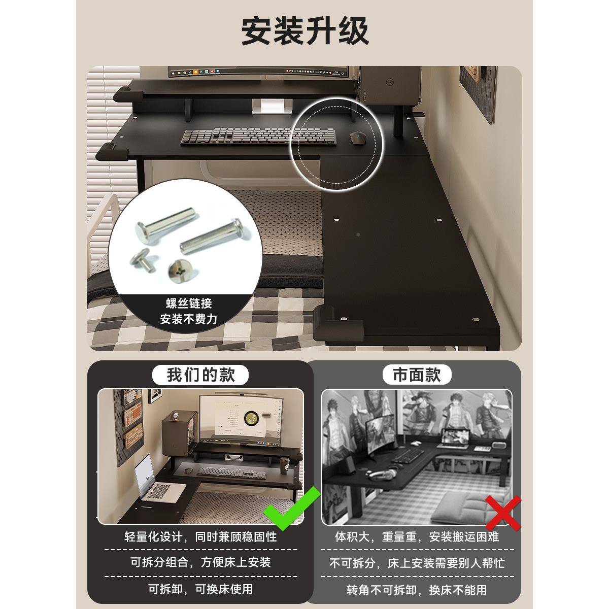 N宿舍床用电脑桌竞桌上电竞桌-铺头悬空支架电置物架床学生转角下