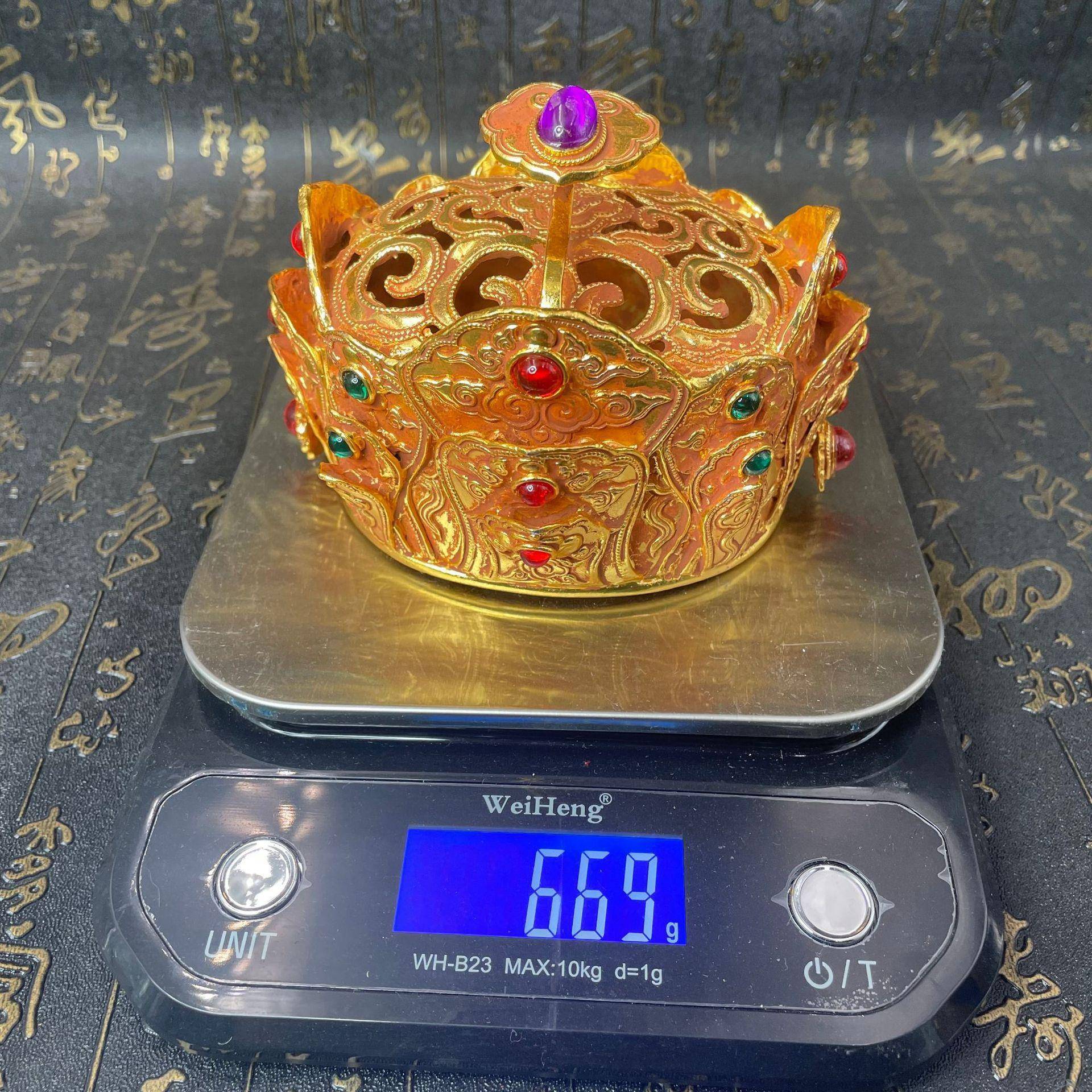 工艺品新品仿古合金鎏金做旧重工宝石发冠精品装饰品工艺品摆件