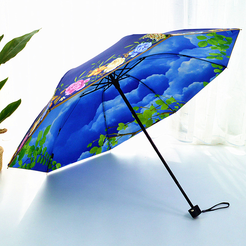 防紫外线黑胶遮阳伞女防晒伞三折叠蓝天白云双层太阳伞文艺晴雨伞