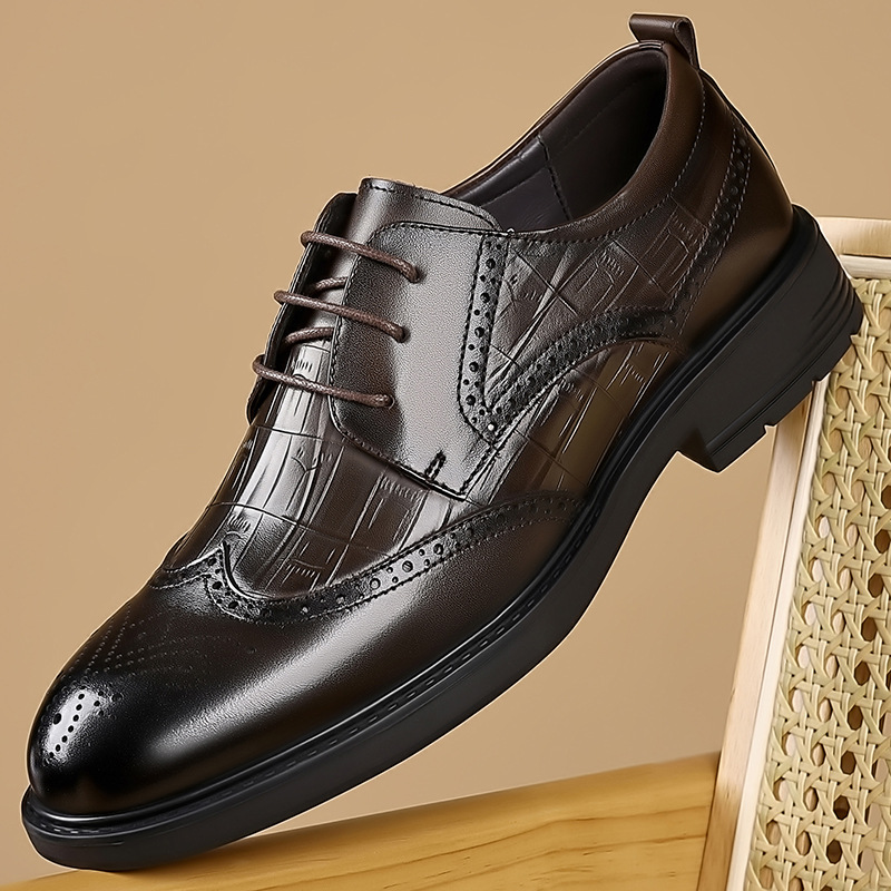 男士商务正装皮鞋结婚鳄鱼纹牛皮鞋子耐磨休闲皮鞋男款布洛克鞋子