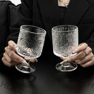 高颜值高脚玻璃杯复古ins风红酒杯太阳花浮雕水杯果汁杯子 2只