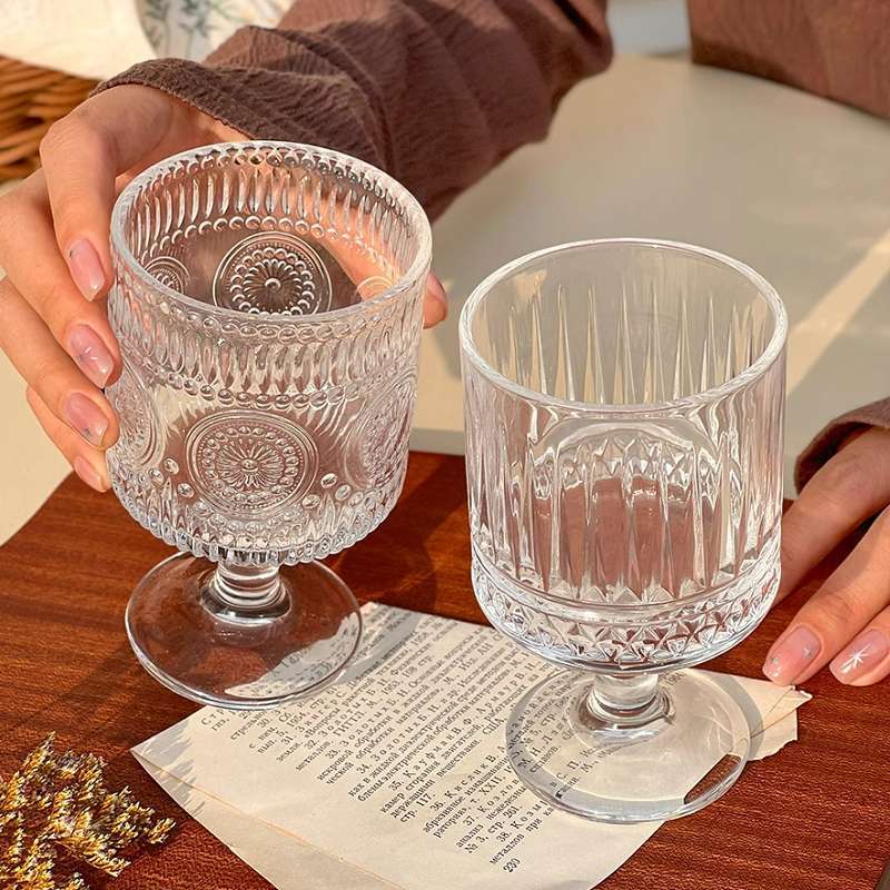 【4只】复古太阳花高脚杯浮雕玻璃杯ins高颜值酒杯饮料果汁杯水杯
