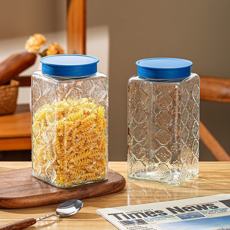 方形海棠花纹玻璃储物罐带盖零食干果家用厨房收纳玻璃罐防虫防潮