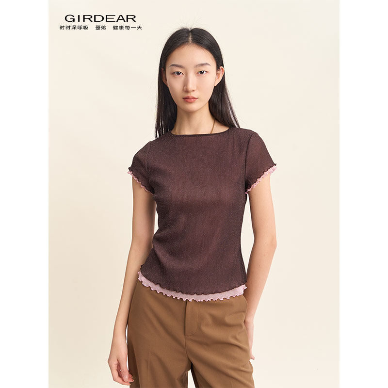 Girdear/哥弟26纯色拼接纱网修身型短袖拼色正肩t恤夏季女130162
