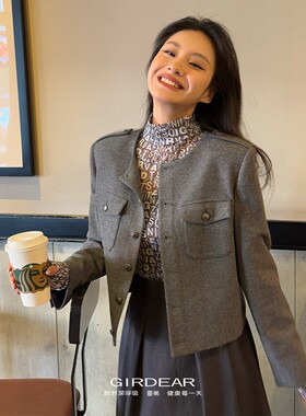 Girdear/哥弟秋冬高级简约气质复古长袖红色小香风短外套1400688