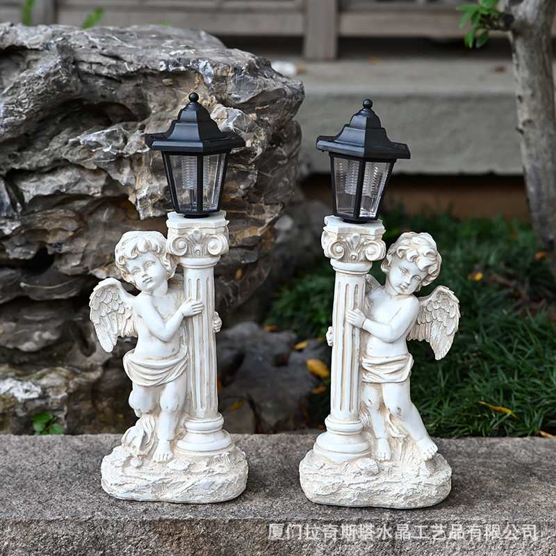 跨境花园罗马柱天使摆件太阳能夜灯庭院摆件欧式树脂天使摆件