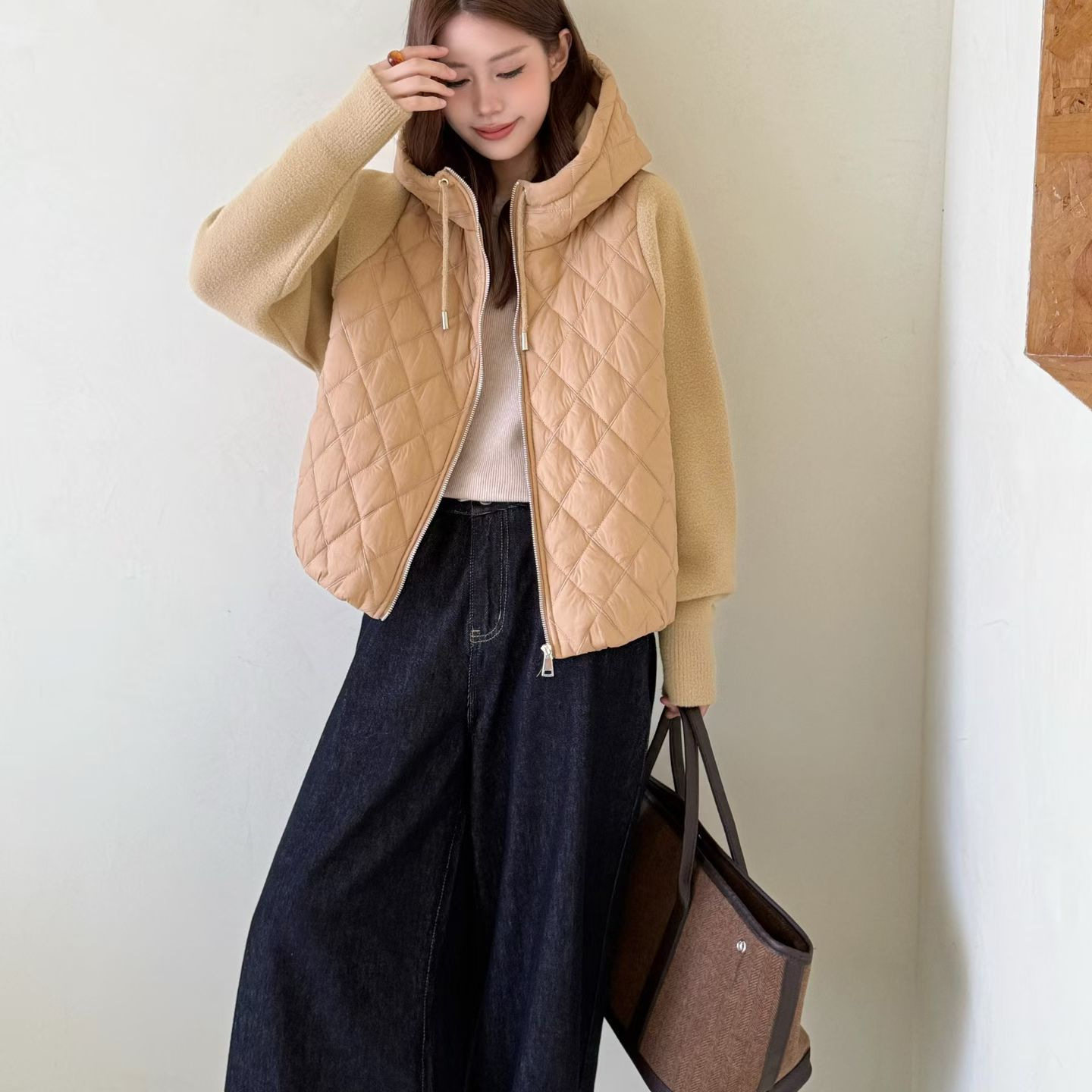 棉服拼接连帽针织毛呢外套2025秋冬新款韩版宽松休闲开衫毛衣女潮