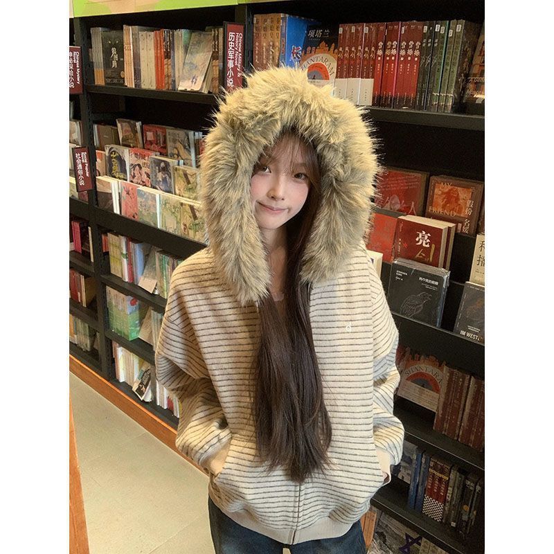 美式连帽毛领条纹外套秋