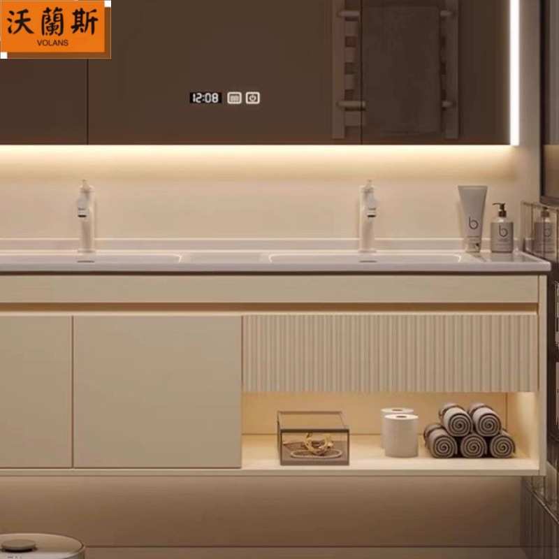 双盆陶瓷奶油一体实木橡胶木浴室柜智能组合卫生间浴室柜洗漱镜柜