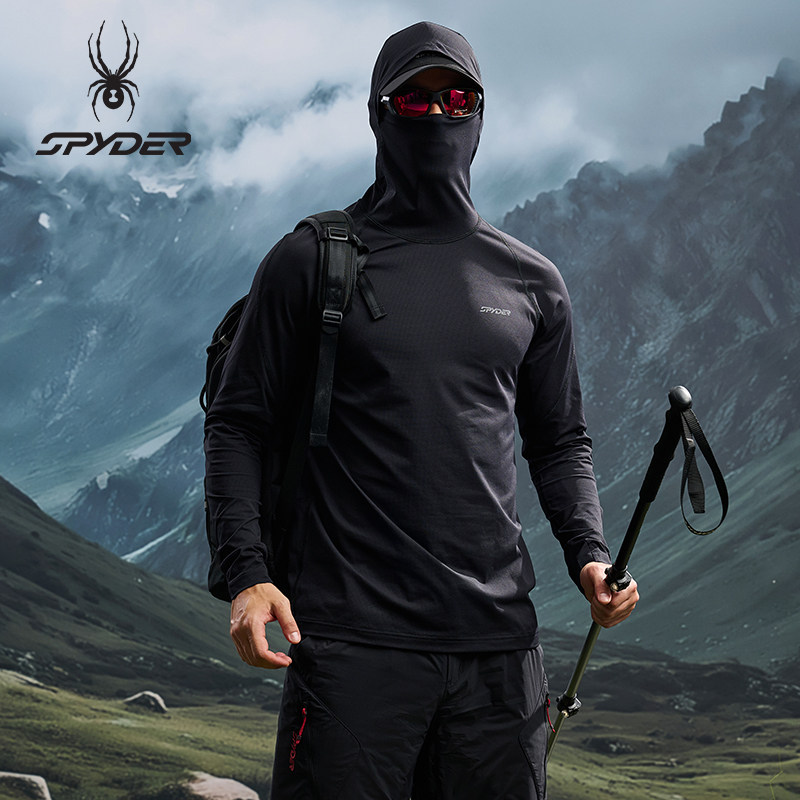 【明星同款】SPYDER蜘蛛秋冬男子细小格子孔眼布运动长袖连帽T恤