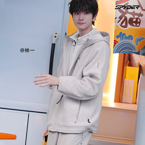 蜘蛛秋冬男子针织连帽抓绒厚夹克