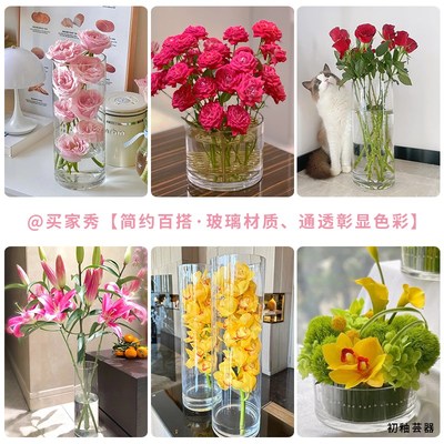 宽口矮花瓶矮款插花碗莲睡莲大口径透明玻璃水培器皿大号玻璃瓶大