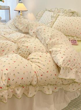 韩式主风水洗棉单裙四件套小QIF清新花边田园风被套床床公三件套