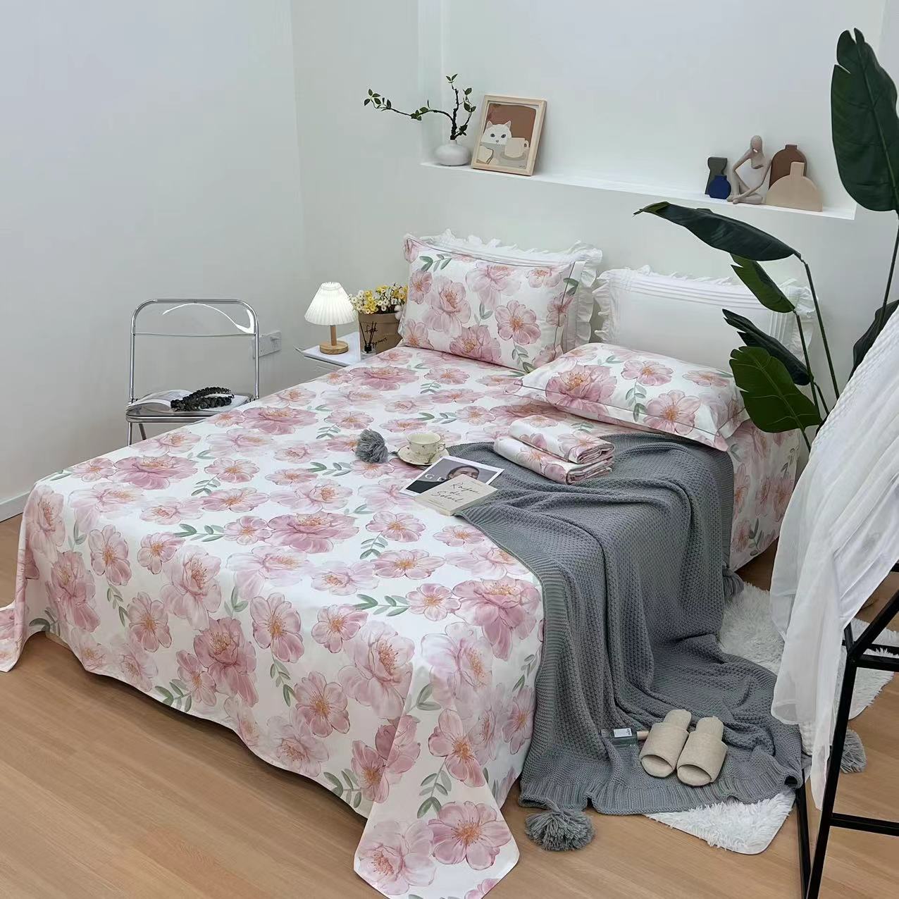粉色印花纯棉老粗布床单三件套