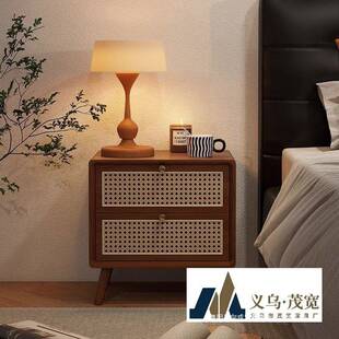 床边双抽储物柜中NTA古风实木床头编原藤木黑胡桃木柜纳色卧室收