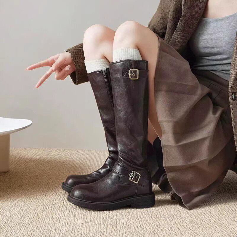 2026年秋新款皮带扣骑士马丁单靴爆款小个子美拉德高筒加绒长靴女