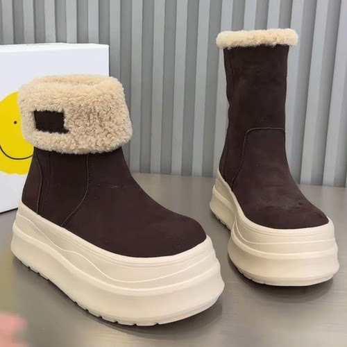 热门爆款2025欧货翻边磨砂两穿短靴加绒加厚高帮棉鞋厚底雪地靴女