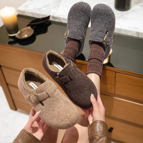 绒面勃肯鞋女厚底内增高加绒加厚保暖冬季外穿一脚蹬百搭毛毛棉鞋
