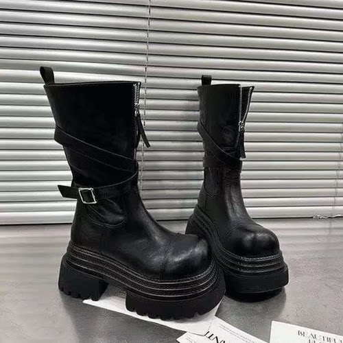 厚底松糕小个子机车骑士瘦瘦长靴大头不过膝马丁靴前拉链翻领两穿