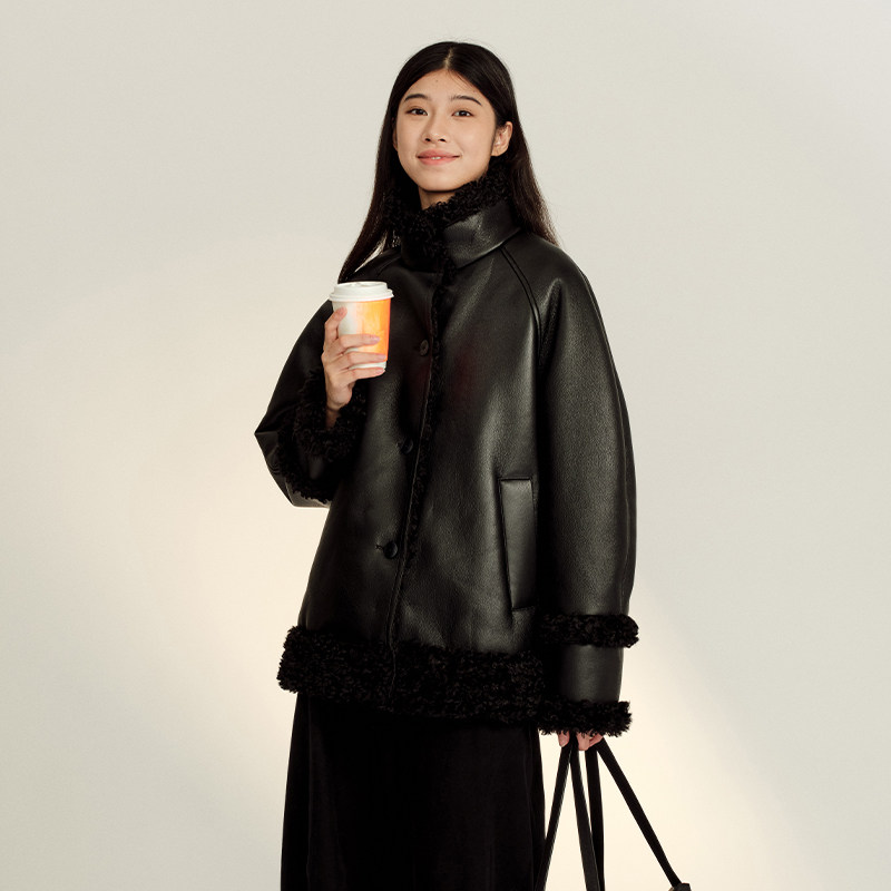 J For Judy秋新款城市回声仿羊卷毛PU环保皮毛一体廓形外套夹克