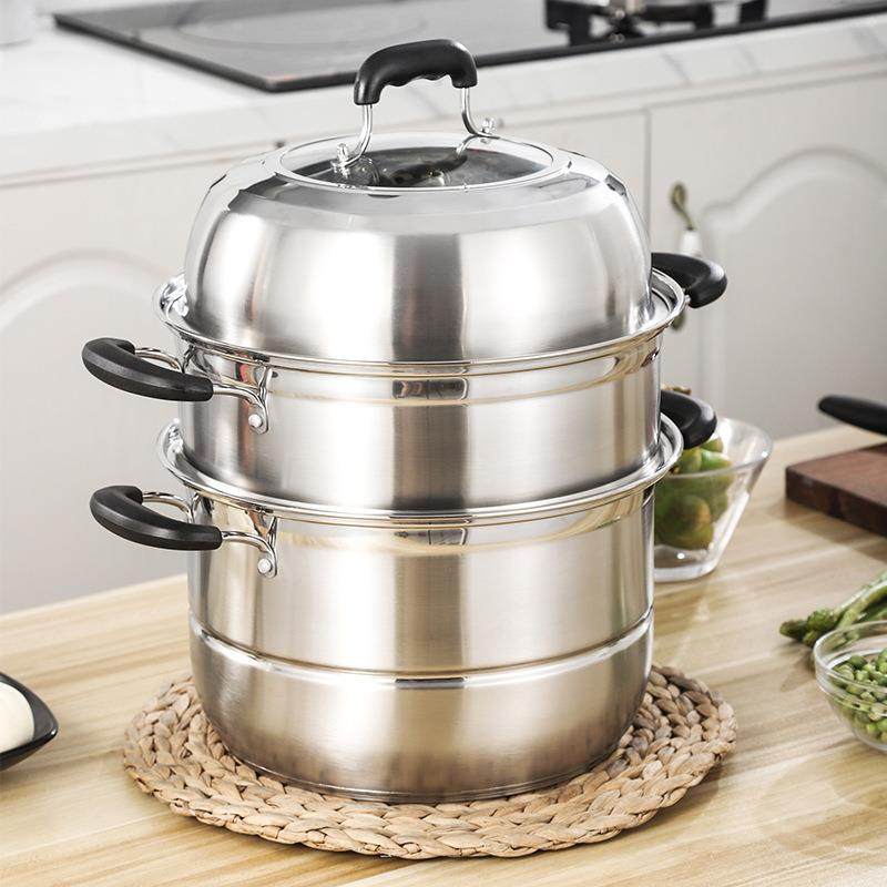 家用不锈钢多层加厚蒸锅食堂多规格大容量三层蒸笼复底锅