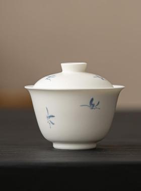 墨己哑光白手绘秋水兰花陶瓷盖碗两才文人泡茶公杯茶具家用茶碗