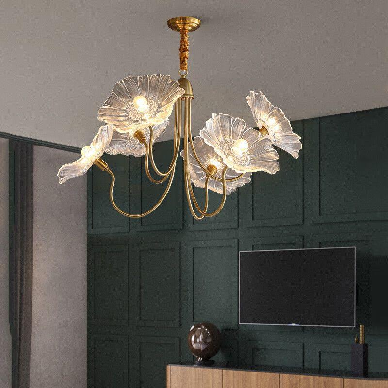 复古美式田园客厅吊灯轻奢法式餐厅吧台灯具时尚玻璃灯罩荷叶吊灯