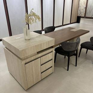 洞石岛台岩板木纹桌面伸缩一体岛台餐台小户型餐桌现代简约款岛台