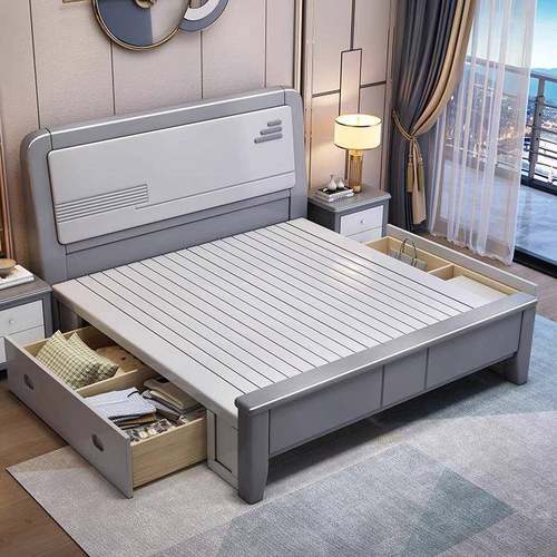 实木床现代简约1.2米1.35米1.5米单人床1.8米压纹直销储物床