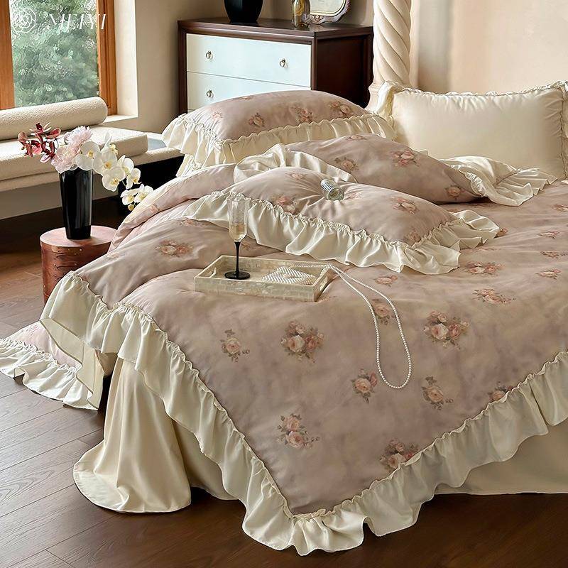 法式边浪漫花10公0S长711绒棉床单四件套用全棉纯棉被套罩主风床
