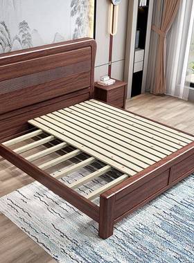 中式实木现床代简约胡桃木1.58米轻奢床现简代约卧室1.QAB米双人