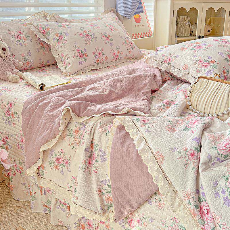 款云感木棉皱皱纱PCC床盖床裙夏被件套镂空花边被套新床品舒柔软