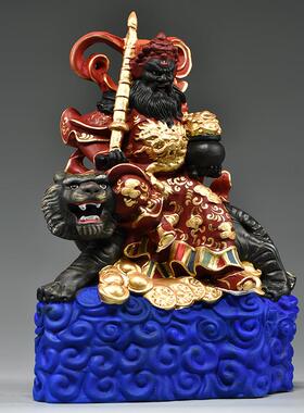神彩绘木雕刻武财客骑虎装赵公UYP明神像摆件厅饰工艺品店铺开业