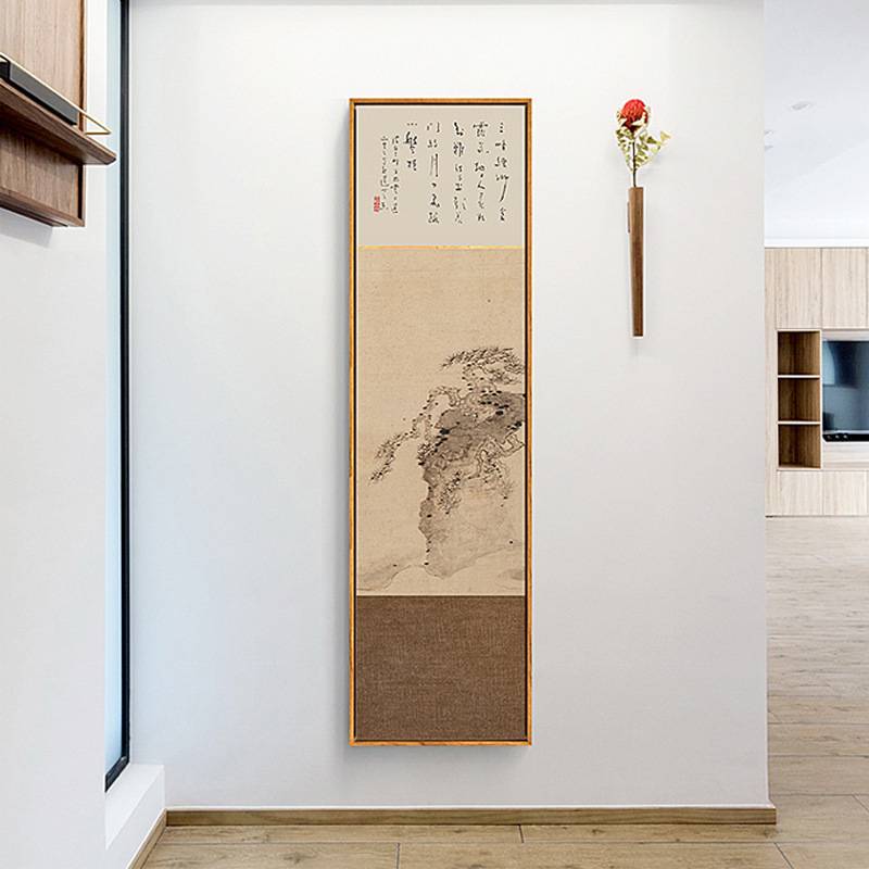 山水人家新中式原木风客厅装饰画山水工笔画日式挂画玄关壁画竖幅图片